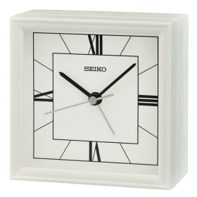 Seiko 4" "Seihokei" Beep Alarm Clock White Wooden Square Traditional Analog Quartz Desktop QXE064WLH